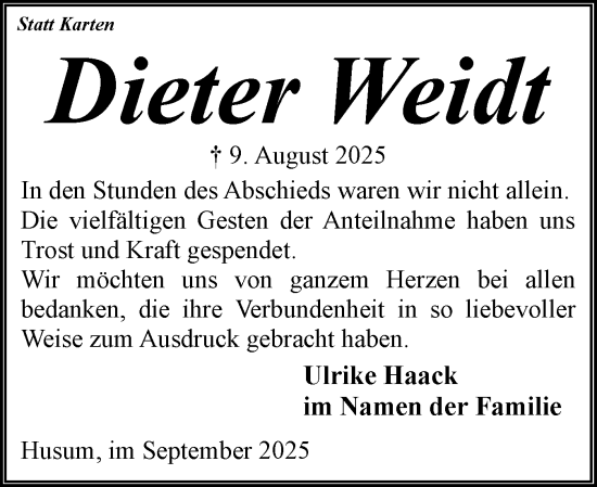 Traueranzeige von Dieter Weidt von Husumer Nachrichten, Nordfriesland Tageblatt