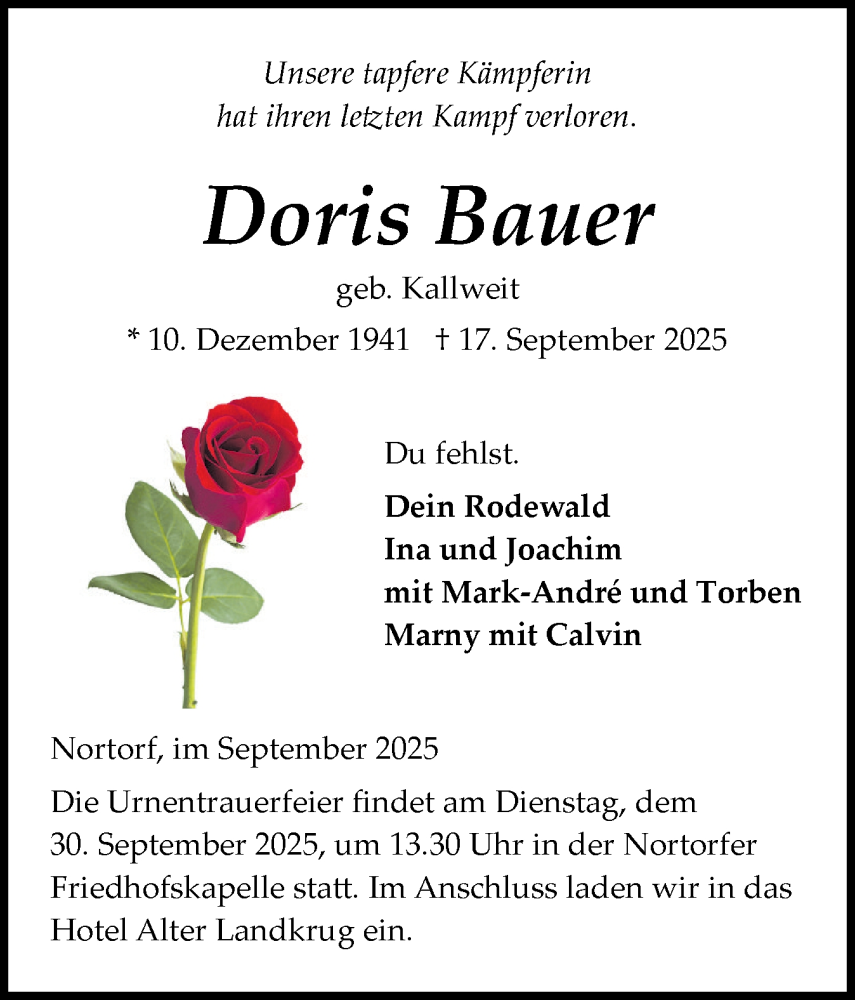  Traueranzeige für Doris Bauer vom 27.09.2025 aus Schleswig-Holsteinische Landeszeitung