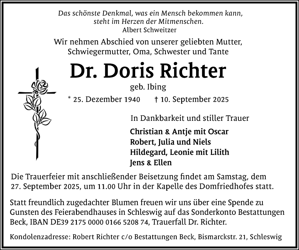 Traueranzeige für Doris Richter vom 20.09.2025 aus Schleswiger Nachrichten, Schlei-Bote