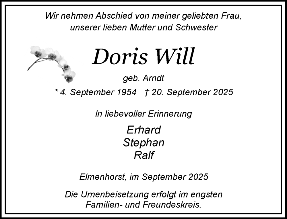  Traueranzeige für Doris Will vom 27.09.2025 aus Wochenend Anzeiger