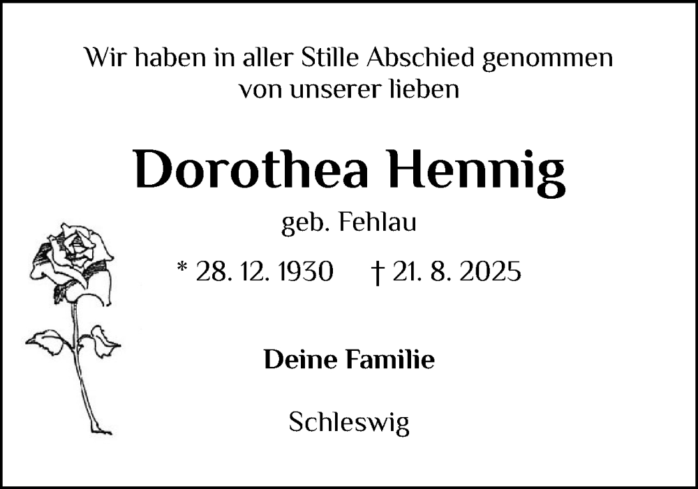  Traueranzeige für Dorothea Hennig vom 20.09.2025 aus Schleswiger Nachrichten, Schlei-Bote