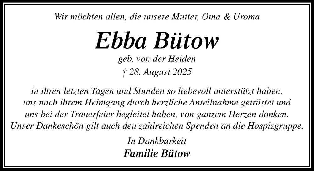 Traueranzeige für Ebba Bütow vom 27.09.2025 aus MARKT Ratzeburg/Mölln