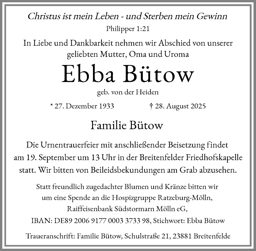  Traueranzeige für Ebba Bütow vom 06.09.2025 aus MARKT Ratzeburg/Mölln