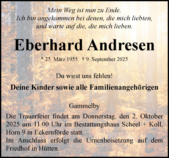 Traueranzeige von Eberhard Andresen von Eckernförder Zeitung, Hallo Eckernförde