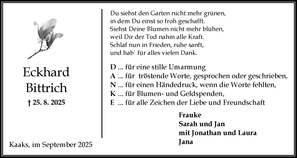  Traueranzeige für Eckhard Bittrich vom 20.09.2025 aus Norddeutsche Rundschau, Wilstersche Zeitung, Glückstädter Fortuna