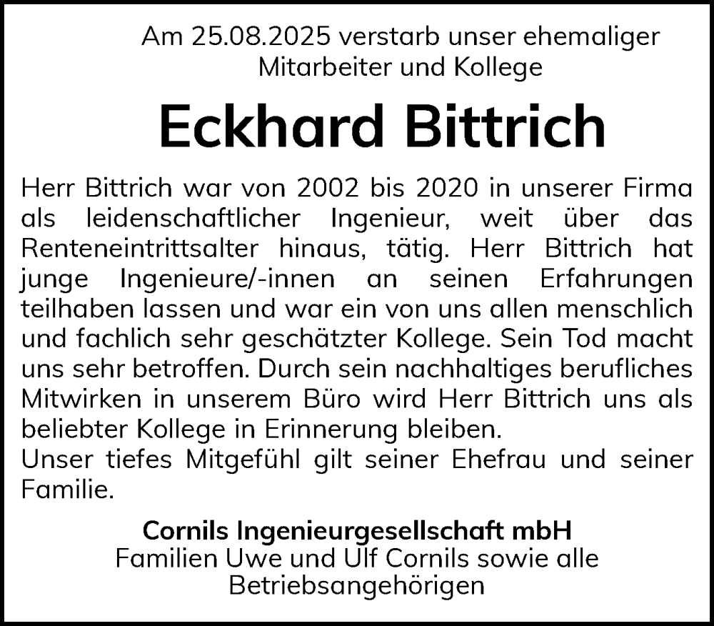  Traueranzeige für Eckhard Bittrich vom 13.09.2025 aus Norddeutsche Rundschau, Wilstersche Zeitung, Glückstädter Fortuna