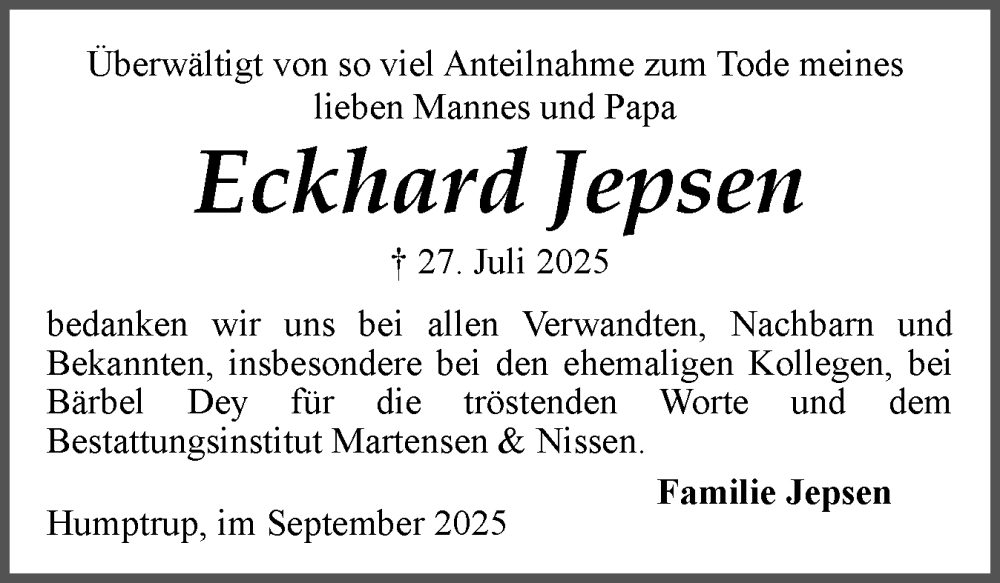  Traueranzeige für Eckhard Jepsen vom 06.09.2025 aus Husumer Nachrichten, Nordfriesland Tageblatt