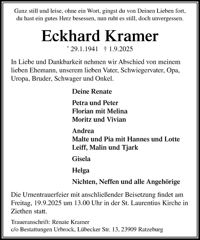  Traueranzeige für Eckhard Kramer vom 13.09.2025 aus MARKT Ratzeburg/Mölln