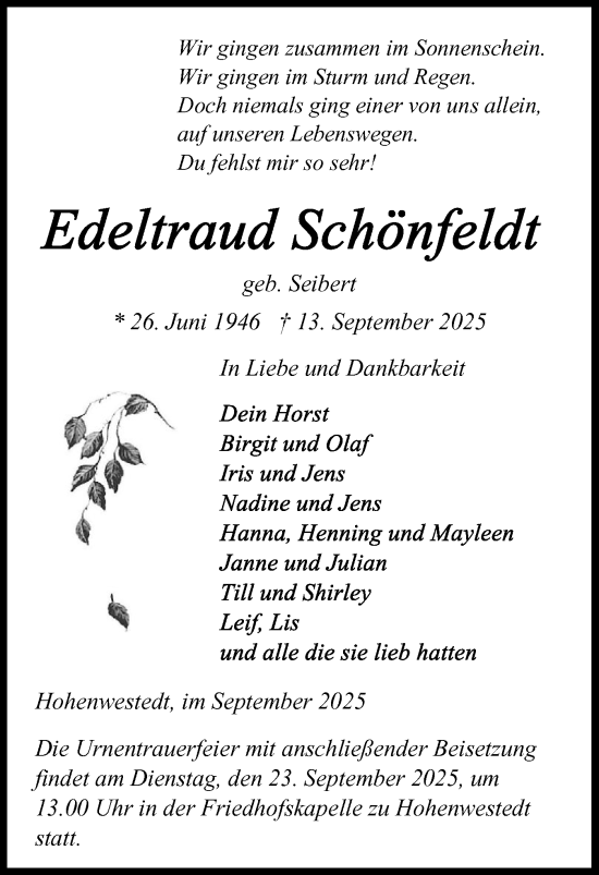 Traueranzeige von Edeltraud Schönfeldt von Schleswig-Holsteinische Landeszeitung