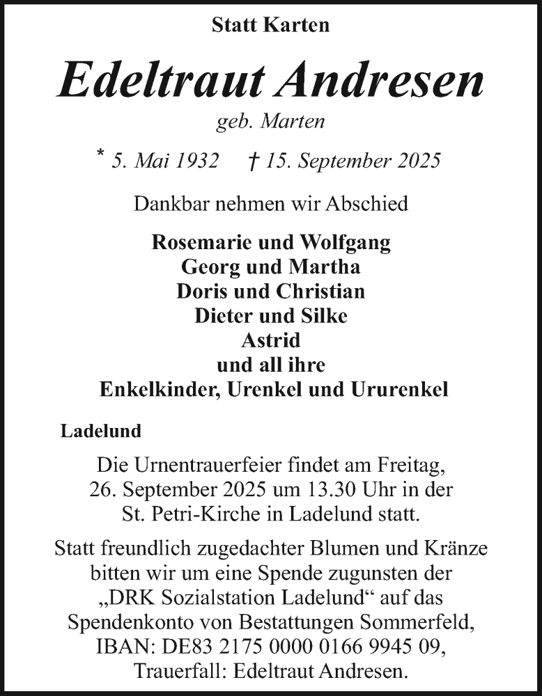  Traueranzeige für Edeltraut Andresen vom 19.09.2025 aus Husumer Nachrichten, Nordfriesland Tageblatt