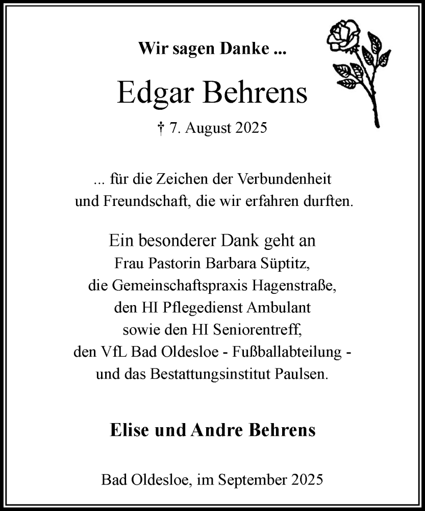  Traueranzeige für Edgar Behrens vom 13.09.2025 aus MARKT Bad Oldesloe/Reinfeld und Stormarner Tageblatt