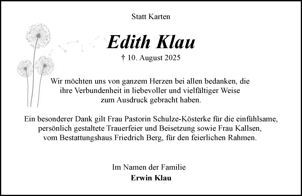  Traueranzeige für Edith Klau vom 13.09.2025 aus Flensburger Tageblatt