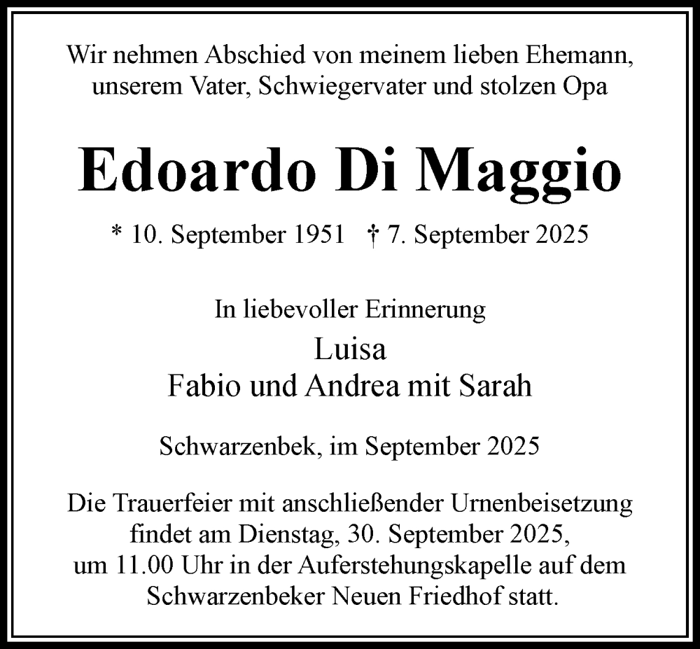  Traueranzeige für Edoardo Di Maggio vom 13.09.2025 aus Wochenend Anzeiger