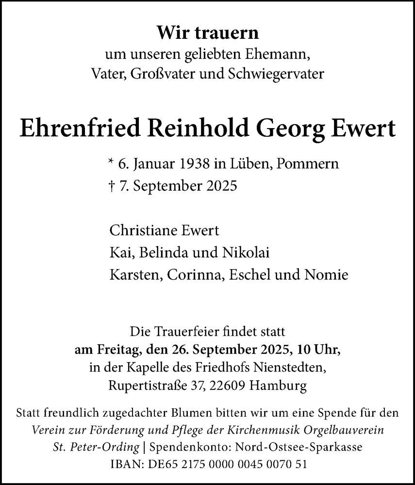  Traueranzeige für Ehrenfried Reinhold Georg Ewert vom 17.09.2025 aus Husumer Nachrichten, Nordfriesland Tageblatt