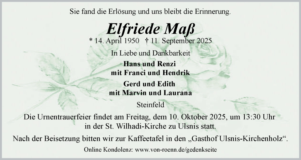  Traueranzeige für Elfriede Maß vom 27.09.2025 aus Flensburger Tageblatt, Schleswiger Nachrichten, Schlei-Bote