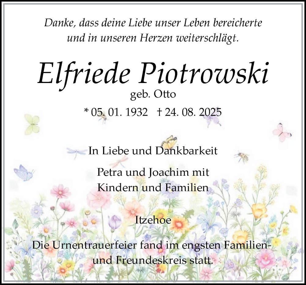  Traueranzeige für Elfriede Piotrowski vom 06.09.2025 aus Norddeutsche Rundschau, Wilstersche Zeitung, Glückstädter Fortuna