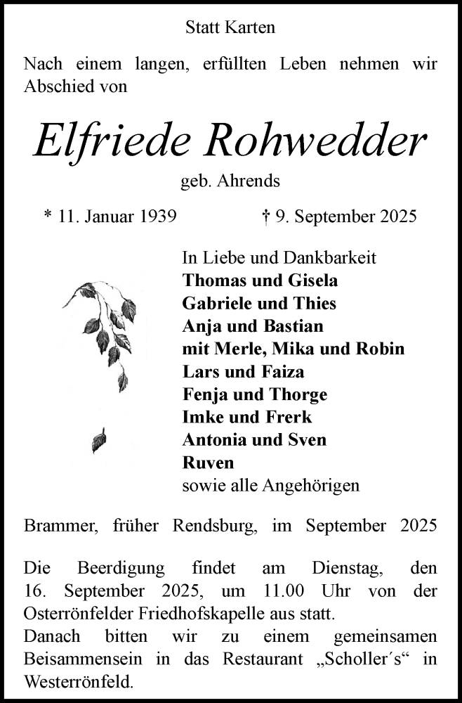  Traueranzeige für Elfriede Rohwedder vom 13.09.2025 aus Schleswig-Holsteinische Landeszeitung