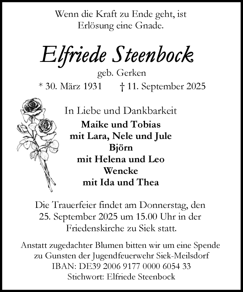  Traueranzeige für Elfriede Steenbock vom 20.09.2025 aus MARKT Ahrensburg/Bargteheide/Trittau und Stormarner Tageblatt