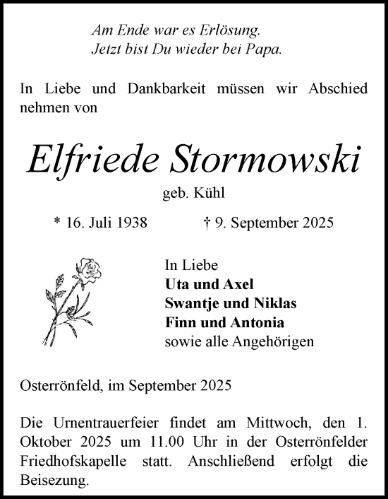 Traueranzeige von Elfriede Stormowski von Schleswig-Holsteinische Landeszeitung
