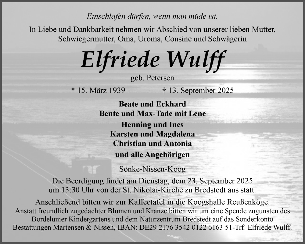  Traueranzeige für Elfriede Wulff vom 20.09.2025 aus Husumer Nachrichten, Nordfriesland Tageblatt