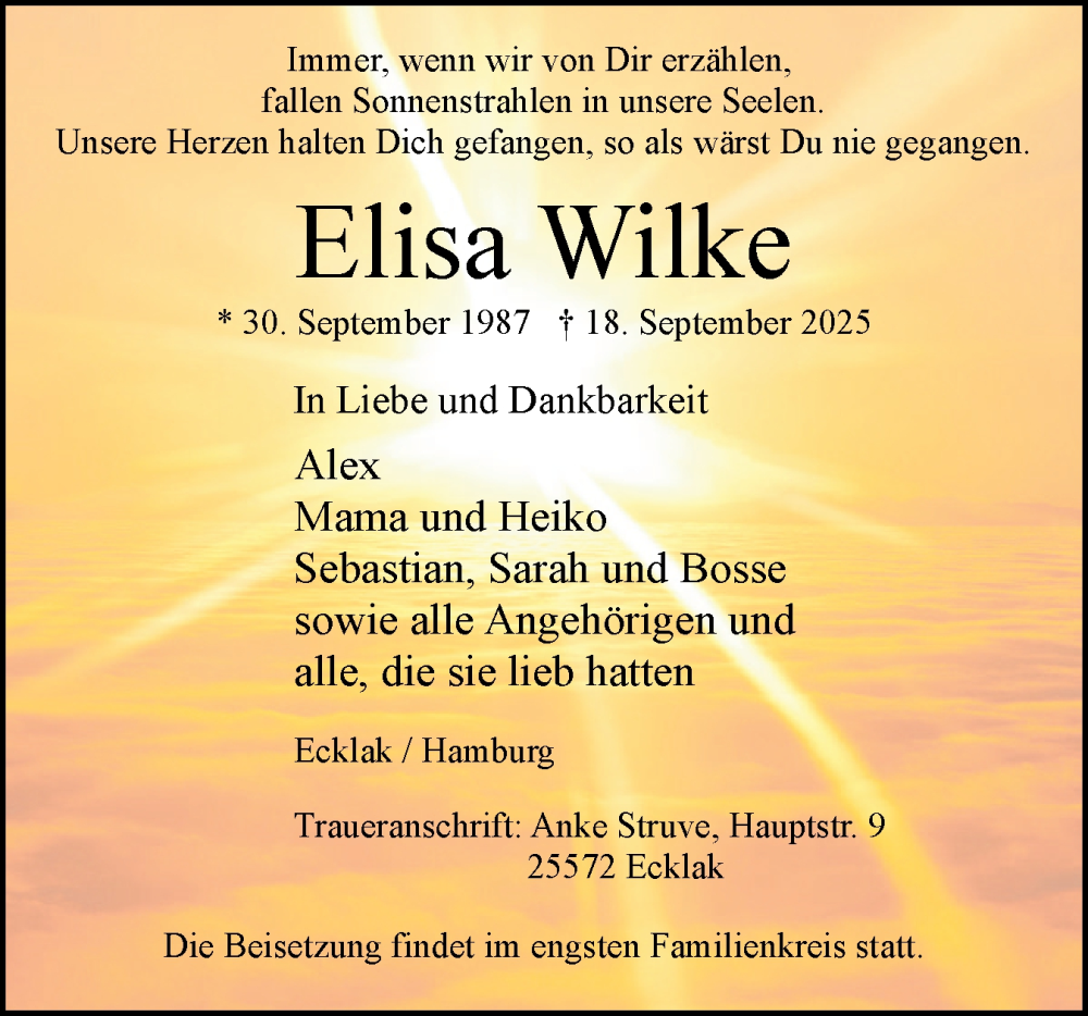  Traueranzeige für Elisa Wilke vom 27.09.2025 aus Norddeutsche Rundschau, Wilstersche Zeitung, Glückstädter Fortuna