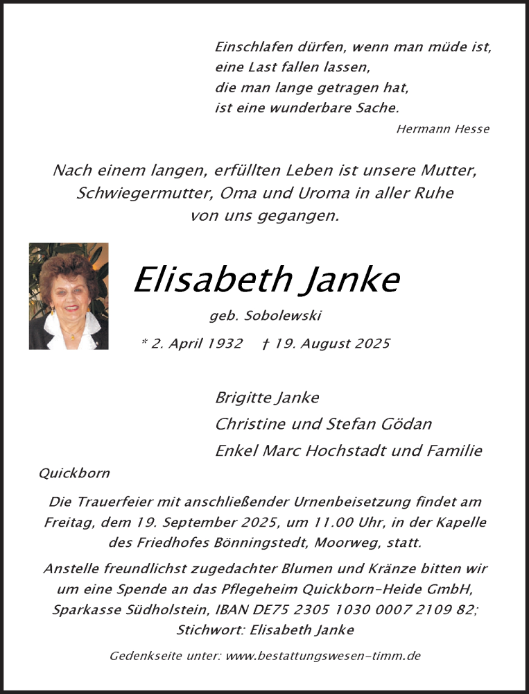  Traueranzeige für Elisabeth Janke vom 13.09.2025 aus Umschau