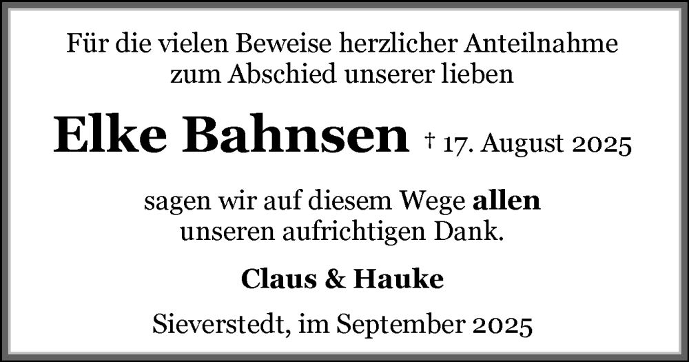  Traueranzeige für Elke Bahnsen vom 20.09.2025 aus Flensburger Tageblatt
