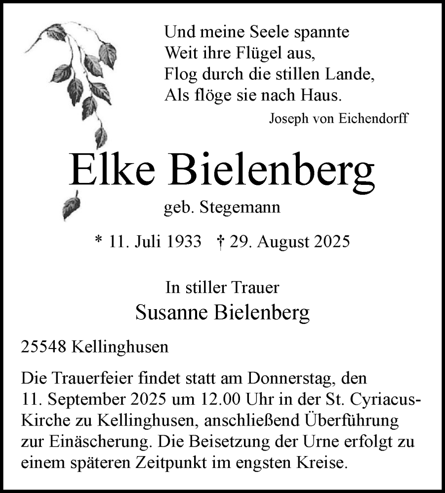  Traueranzeige für Elke Bielenberg vom 06.09.2025 aus Norddeutsche Rundschau, Wilstersche Zeitung, Glückstädter Fortuna
