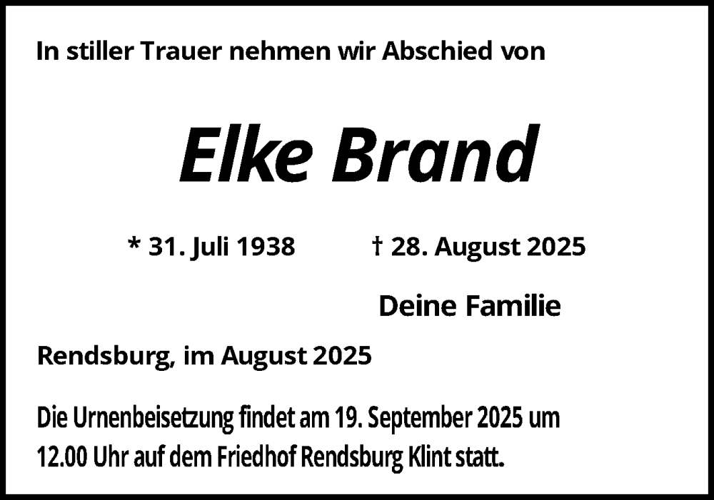  Traueranzeige für Elke Brand vom 13.09.2025 aus Schleswig-Holsteinische Landeszeitung