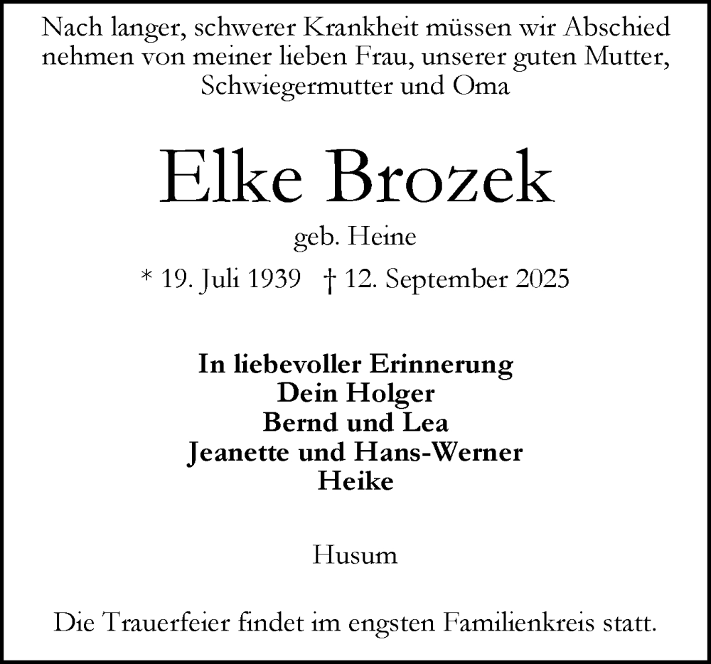  Traueranzeige für Elke Brozek vom 27.09.2025 aus Husumer Nachrichten, Nordfriesland Tageblatt