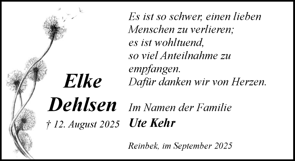  Traueranzeige für Elke Dehlsen vom 20.09.2025 aus MARKT Glinde/Reinbek