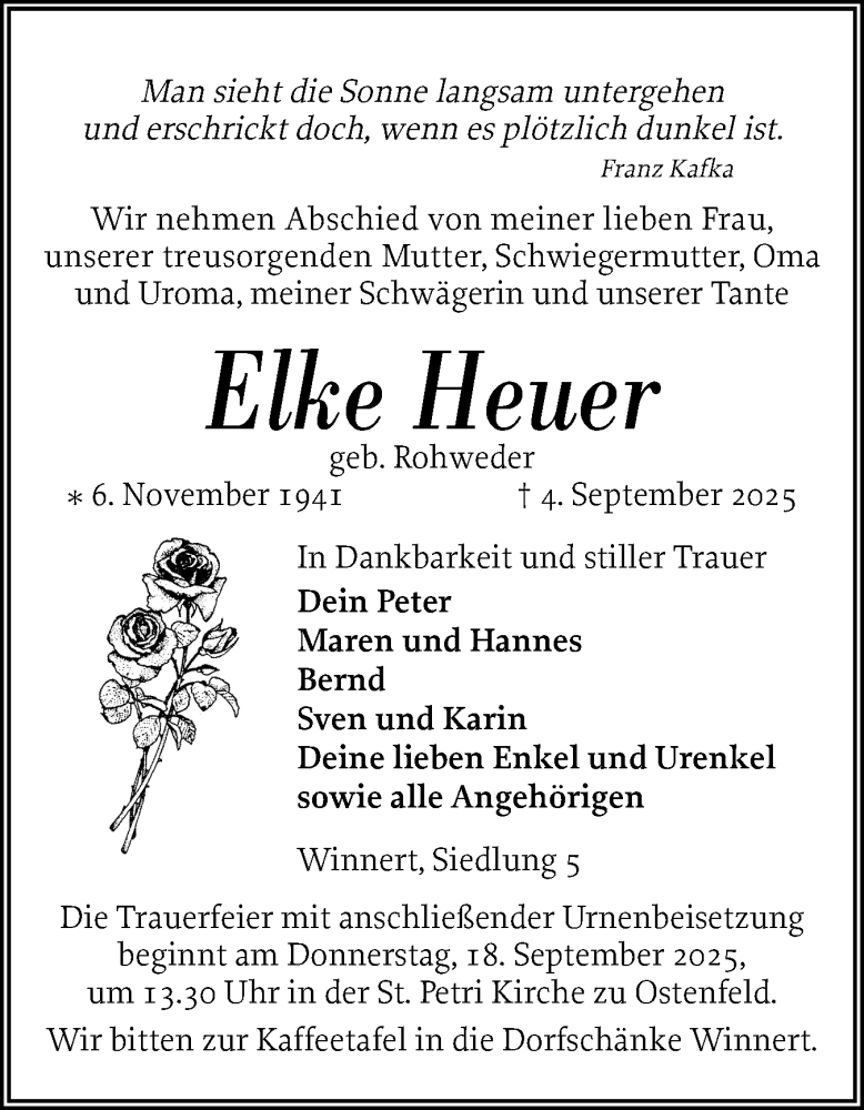  Traueranzeige für Elke Heuer vom 13.09.2025 aus Husumer Nachrichten, Nordfriesland Tageblatt