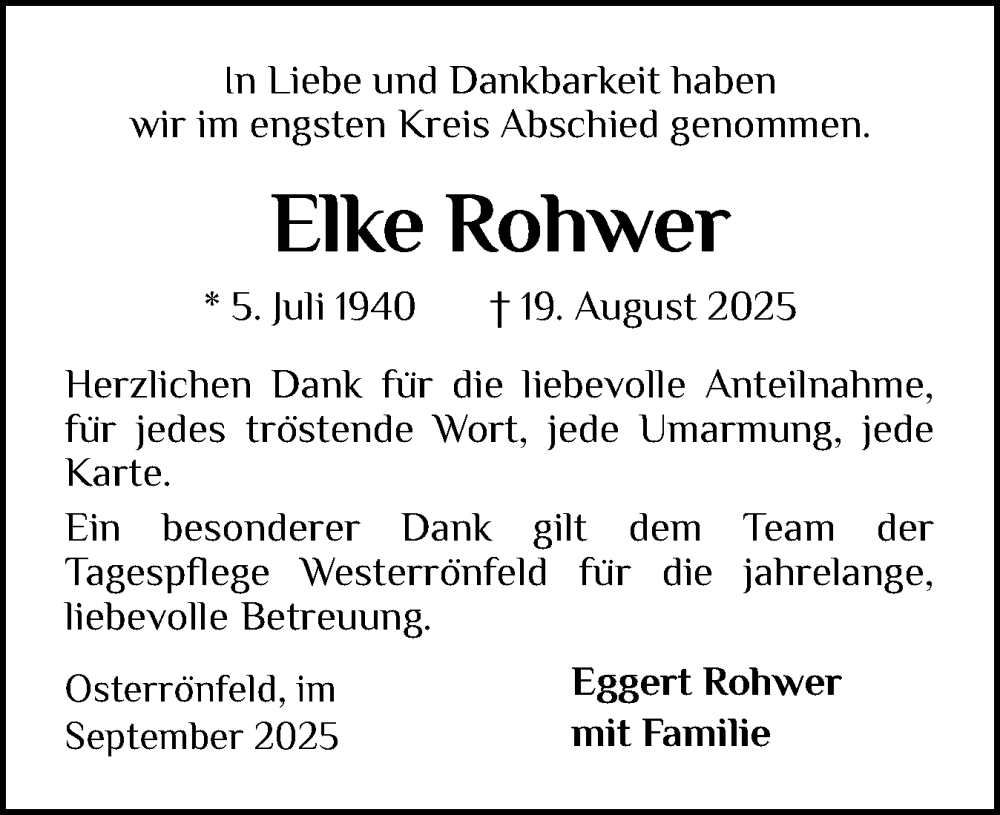  Traueranzeige für Elke Rohwer vom 06.09.2025 aus Schleswig-Holsteinische Landeszeitung