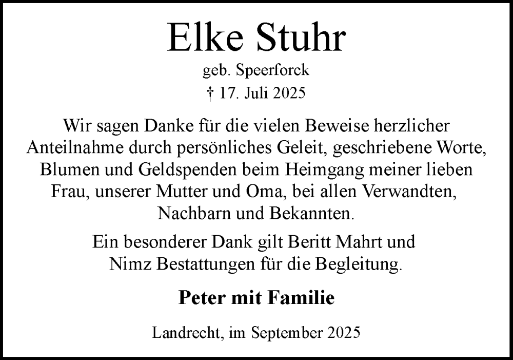  Traueranzeige für Elke Stuhr vom 13.09.2025 aus Norddeutsche Rundschau, Wilstersche Zeitung, Glückstädter Fortuna