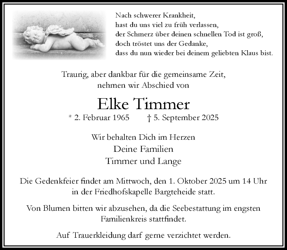  Traueranzeige für Elke Timmer vom 20.09.2025 aus MARKT Ahrensburg/Bargteheide/Trittau und Stormarner Tageblatt