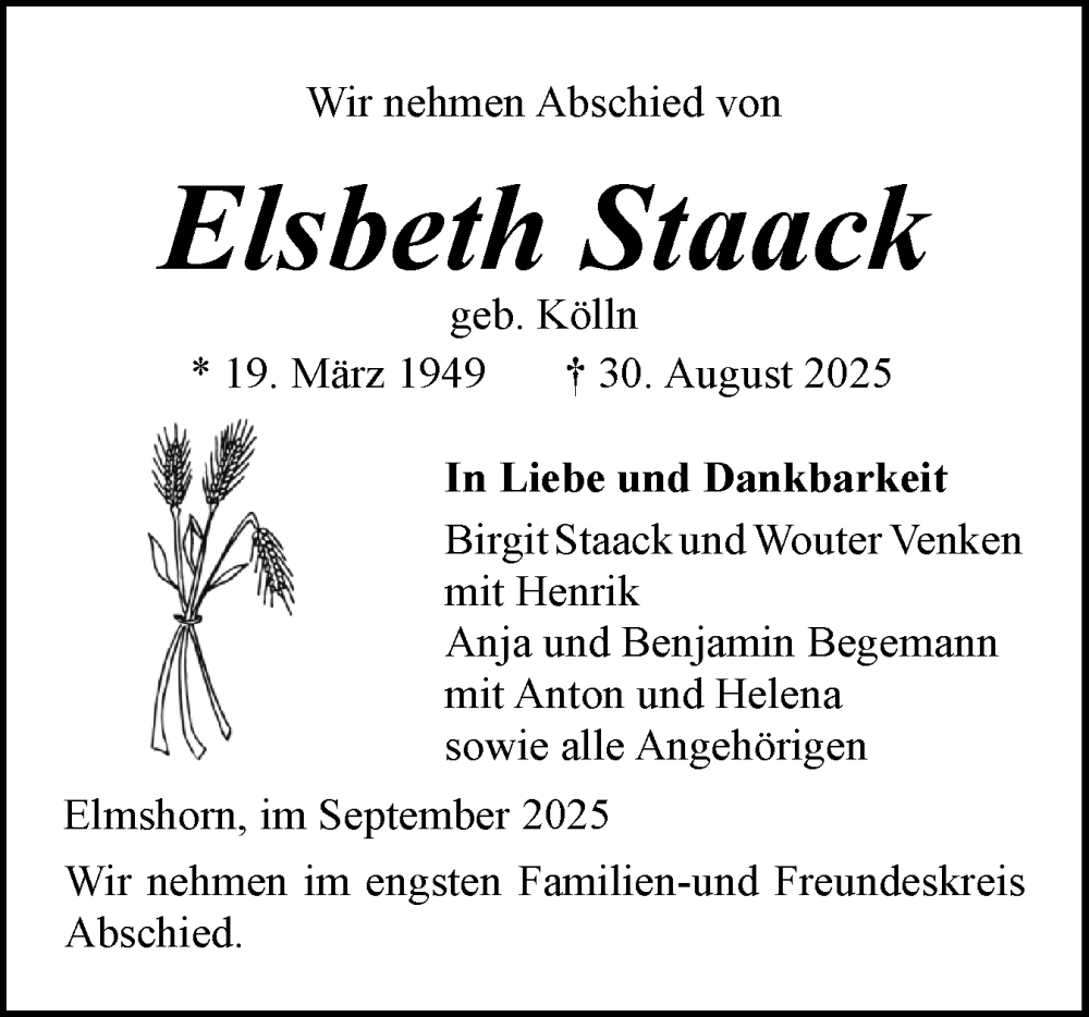  Traueranzeige für Elsbeth Staack vom 20.09.2025 aus Elmshorner Nachrichten, Barmstedter Zeitung