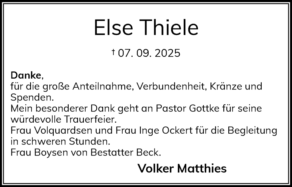  Traueranzeige für Else Thiele vom 27.09.2025 aus Schleswiger Nachrichten, Schlei-Bote