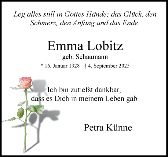 Traueranzeige von Emma Lobitz von Uetersener Nachrichten, Der tip am Wochenende