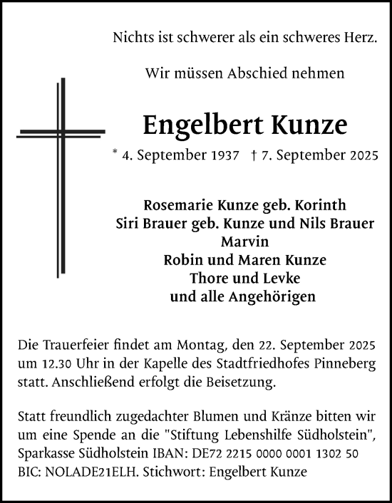Traueranzeige von Engelbert Kunze von Region Pinneberg und tip Pinneberg