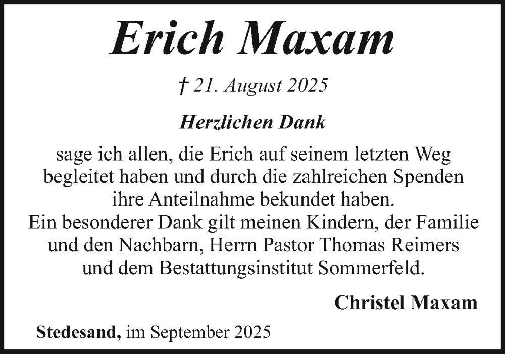  Traueranzeige für Erich Maxam vom 26.09.2025 aus Husumer Nachrichten, Nordfriesland Tageblatt
