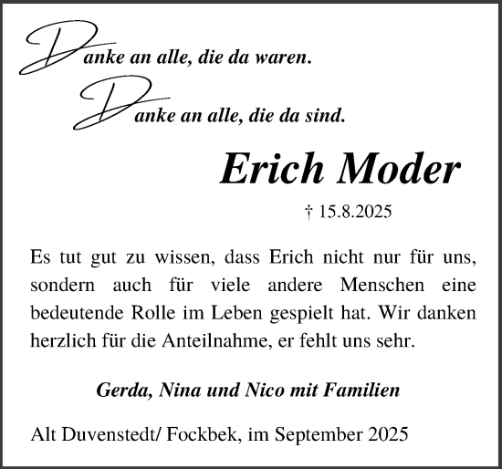 Traueranzeige von Erich Moder von Schleswig-Holsteinische Landeszeitung