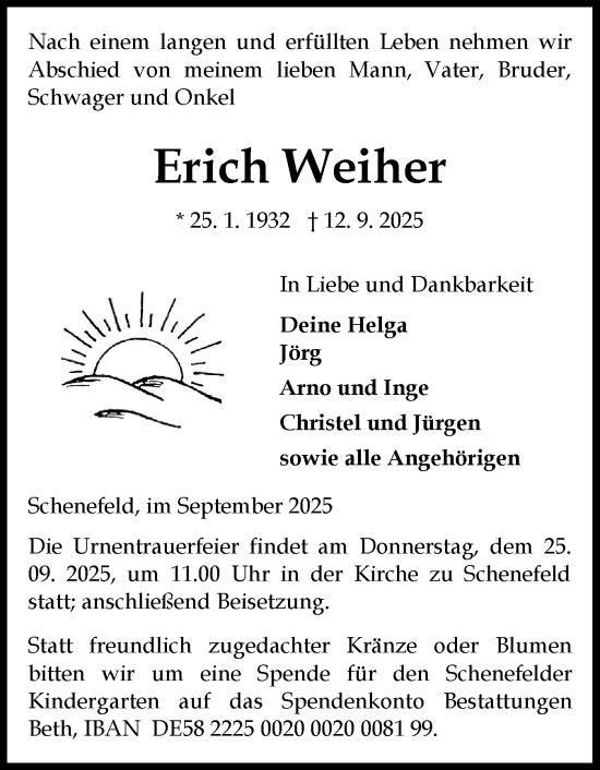 Traueranzeige von Erich Weiher von Norddeutsche Rundschau, Wilstersche Zeitung, Glückstädter Fortuna