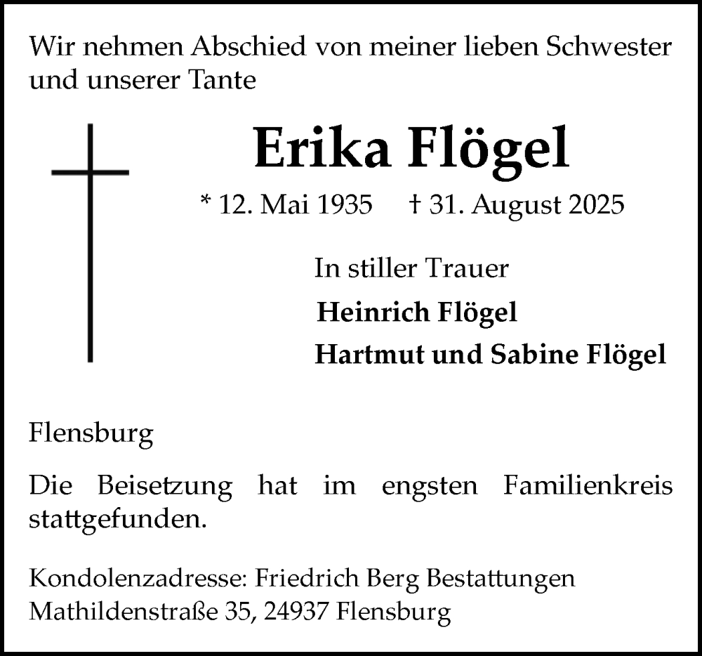  Traueranzeige für Erika Flögel vom 20.09.2025 aus Flensburger Tageblatt