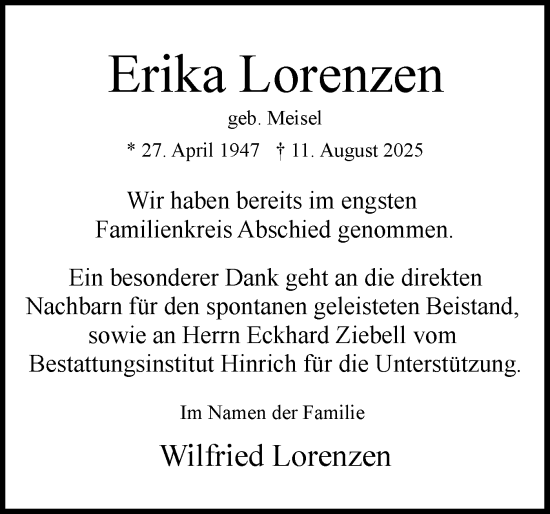 Traueranzeige von Erika Lorenzen von Uetersener Nachrichten, Der tip am Wochenende