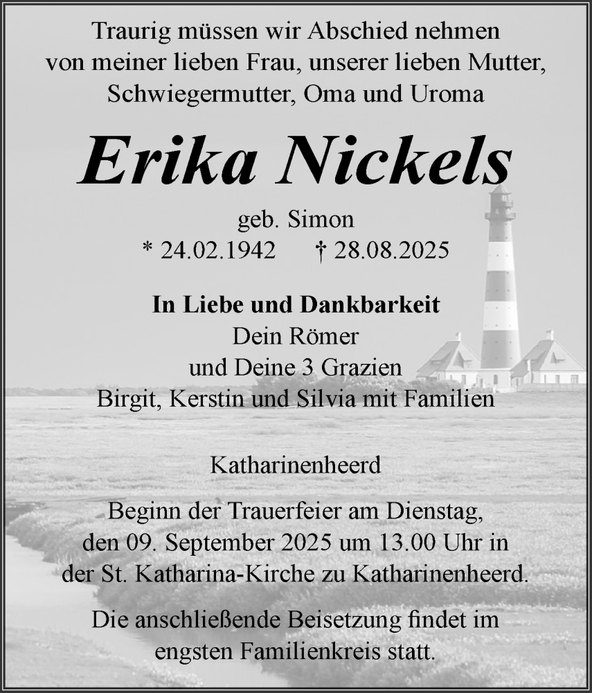  Traueranzeige für Erika Nickels vom 03.09.2025 aus Husumer Nachrichten, Nordfriesland Tageblatt
