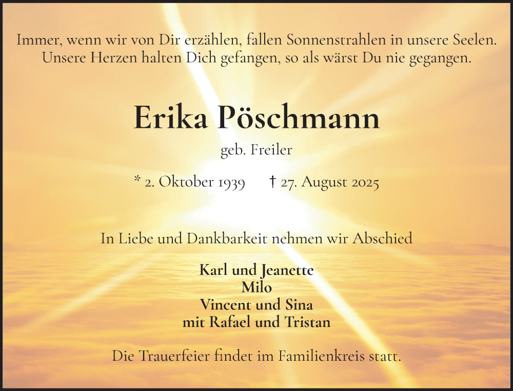  Traueranzeige für Erika Pöschmann vom 06.09.2025 aus Wedel-Schulauer Tageblatt, tip Wedel-Schulauer Tageblatt, tip Rissener Rundschau