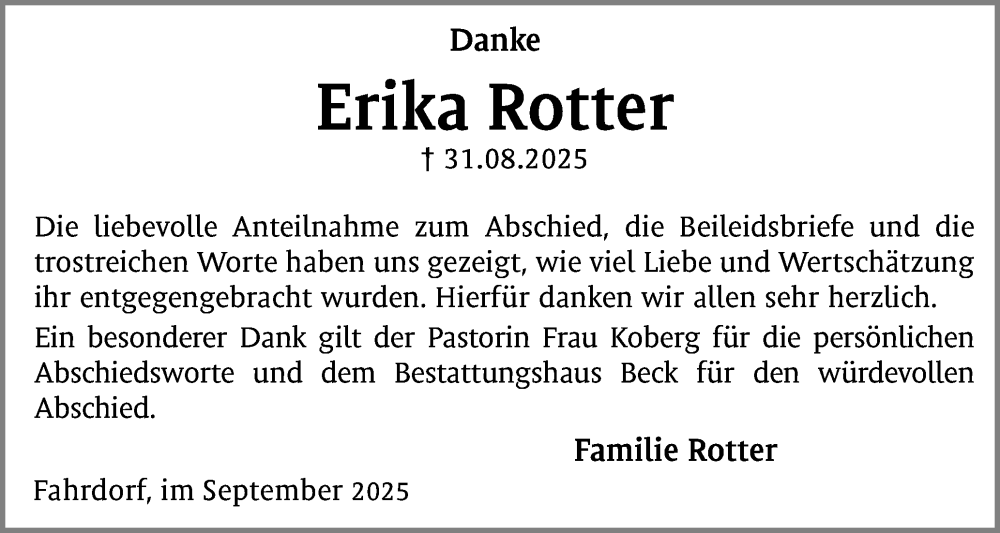  Traueranzeige für Erika Rotter vom 27.09.2025 aus Schleswiger Nachrichten, Schlei-Bote