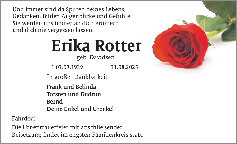  Traueranzeige für Erika Rotter vom 06.09.2025 aus Schleswiger Nachrichten, Schlei-Bote