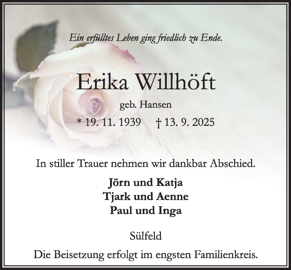  Traueranzeige für Erika Willhöft vom 20.09.2025 aus MARKT Ahrensburg/Bargteheide/Trittau und Stormarner Tageblatt
