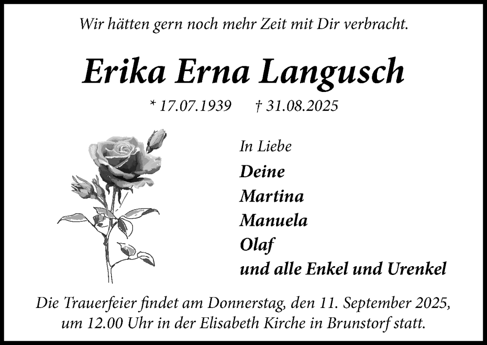  Traueranzeige für Erika Erna Langusch vom 06.09.2025 aus Wochenend Anzeiger